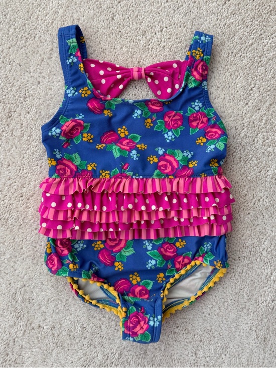 Matilda Jane Other - Matilda Jane Blue Floral One-Piece Swimsuit with Pink Ruffles